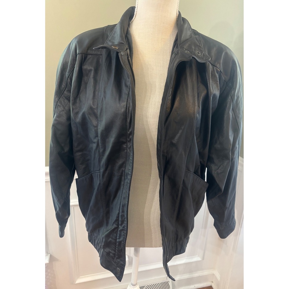 Rock Creek Vintage Black Leather Bomber Jacket Mens Medium Snap Collar Korea